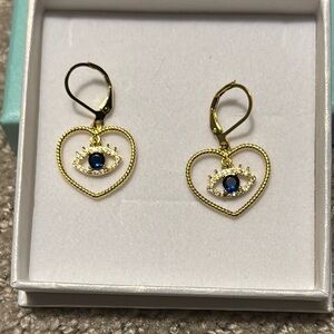 Gold Heart Earrings with Blue Eye Design